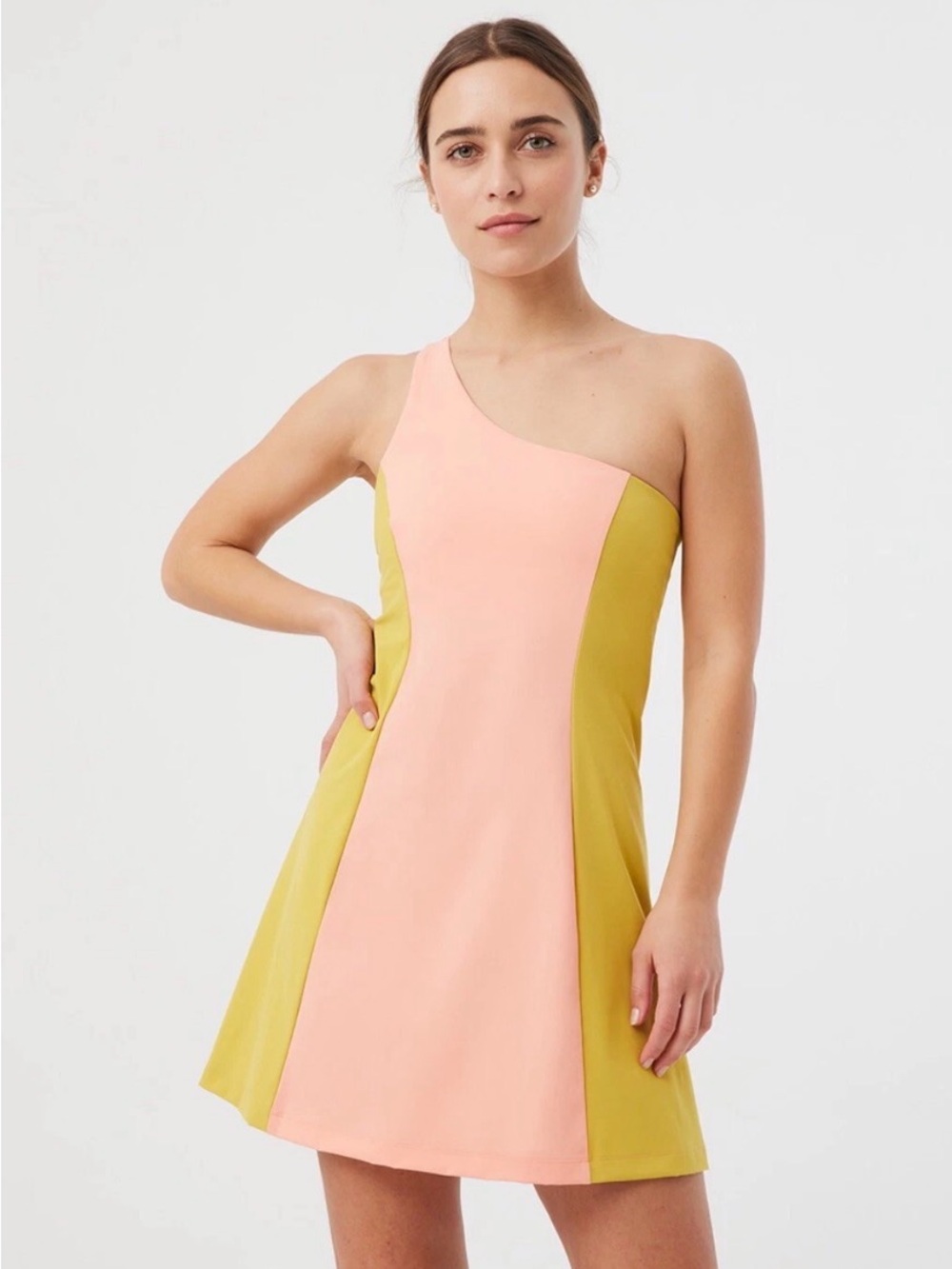 Outdoor Voices One-Shoulder Color block Mini Dress in Pink and green